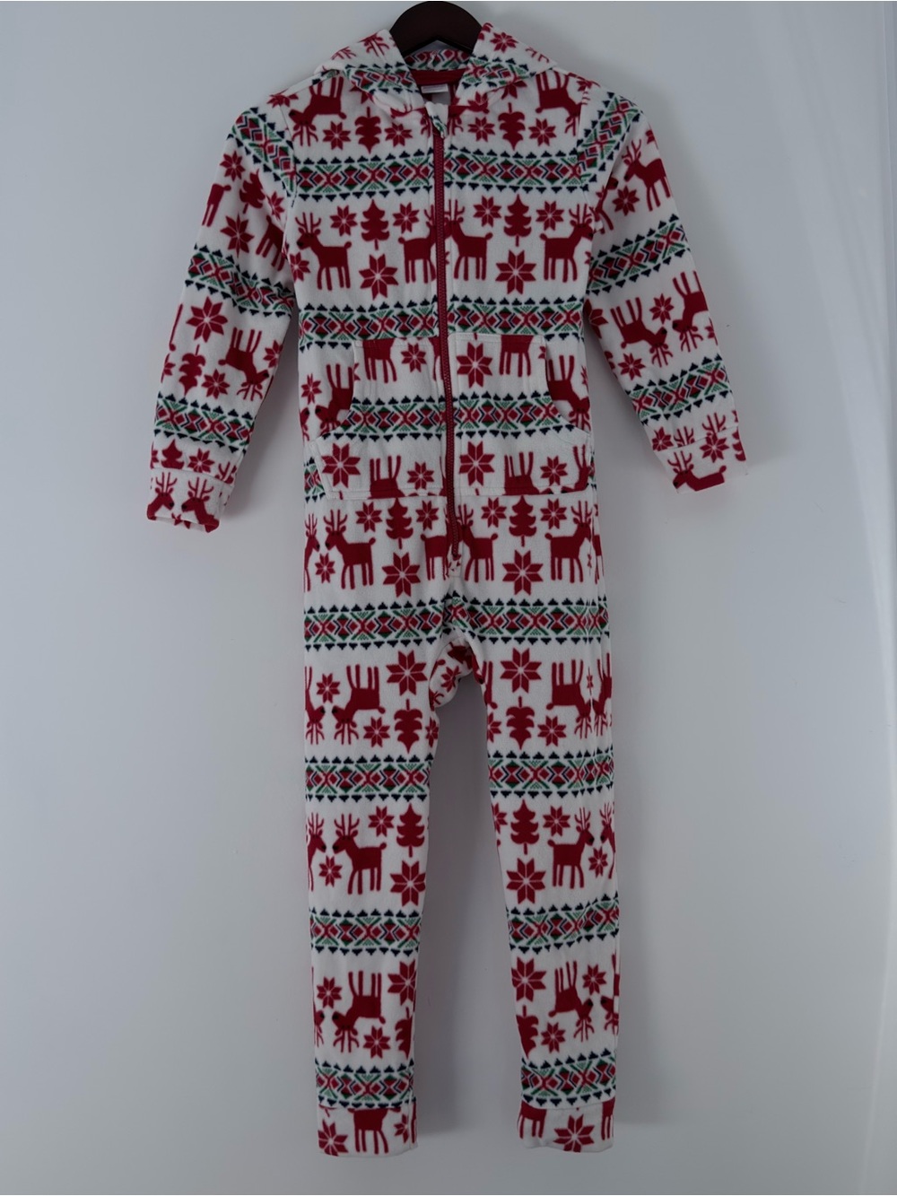 Hanna Andersson Kids M 120 Red Reindeer Fair Isle Fleece Hooded One Piece Pajama